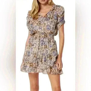 MISA Kayla Floral Ruffle Mini Dress NWT Beige Purple Print